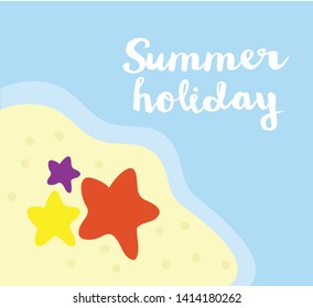 Summer holiday time vector banner design with beach sea and text . Vector illustration.