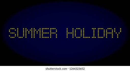 Summer Holiday title in LED style with round glowing dots. Vector light yellow letters forms Summer Holiday title on a dark blue background. Digital font with round elements.