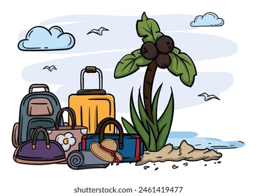 Summer holiday and tourism concept. Bright vector editable illustration with sea, beach, palm tree, suitcases and bags