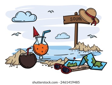 Summer holiday and tourism concept. Bright vector editable illustration with sea, beach, cold drinks and map