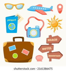 Summer holiday, tourism and vacation. Cartoon adventure tourism bag and accessories stickers set. Supplies of summer vacation trip, hiking and backpacking decorative design elements.