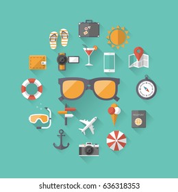 Summer holiday, tourism and vacation flat icons with long shadow effect