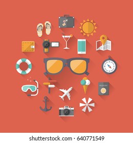 Summer holiday, tourism and vacation flat icons with long shadow effect