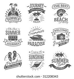 Summer holiday travel agencies labels set with best journeys to tropical beach black abstract isolated vector illustration