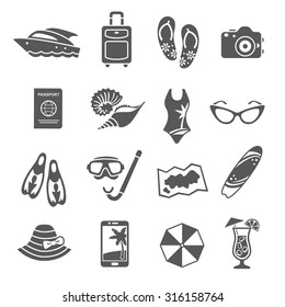 Summer holiday travel agency black icons set with tropical  island symbols and accessories abstract  isolated vector illustration