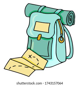 summer holiday travel backpack, map ,color and line vector illustraion hand-drawn doodles isolated fo white background