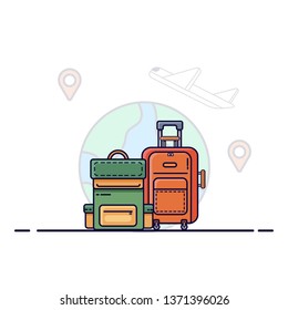 Summer holiday travel  bag. Vacation concept, logo, icon white in background. raveling around the world - air plane, map. Cartoon flat line style vector illustration.