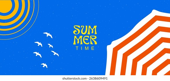 Summer holiday travel banner with blue sky, beach umbrella, bright sun and seagulls