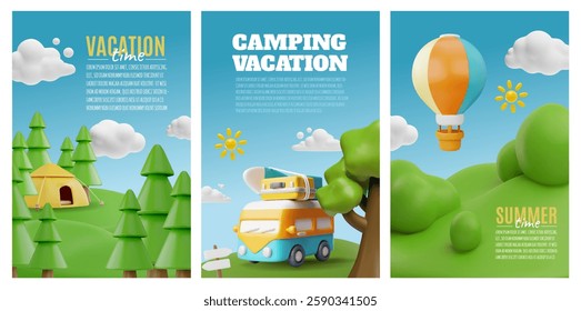 Summer holiday travel by van. Camping vacation with tent and bonfire. Hot air balloon with basket flying in the sky. 3D cartoon vector posters set. Tourism transport. Adventure journey