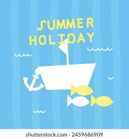 Summer holiday. travel summer card with the waves and the boat. Catch the summer vibe concept. sea postcard. Flat vector style illustration