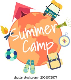 Summer Holiday and Travel themed Camp poster with multiple camp elements in flat style.