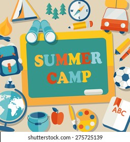 Summer Holiday And Travel Themed Summer Camp Poster In Flat Style, Vector Illustration.