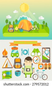 Summer Holiday and Travel themed Summer Camp poster in flat style. Hiking, mountain and travel icons, vector illustration.