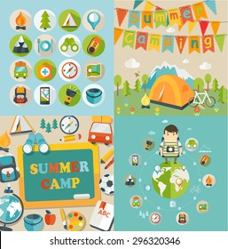 Summer Holiday and Travel themed Summer Camp posters and icons in flat style, vector illustration.