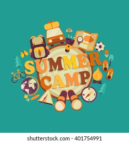 Summer Holiday and Travel themed Camp poster in flat style, vector illustration.