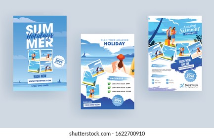 Summer Holiday Travel And Tourism Brochure, Template, Flyer Design Set With Beach View.