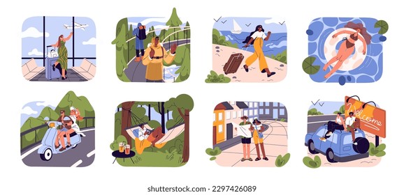 Summer holiday travel. Tourists relaxing, resting in vacation trips, tours, adventures, journeys, excursion. Tourism concept. People traveling. Flat vector illustrations isolated on white background