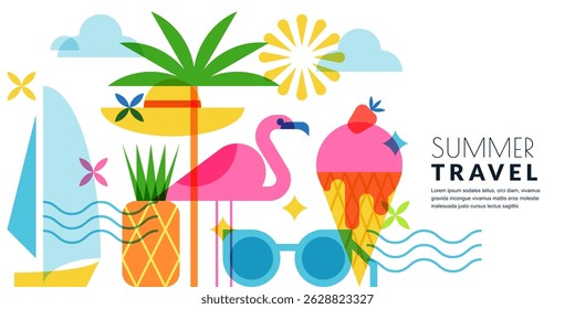 Summer holiday travel, vacation geometric background with sunglasses, ice cream, yacht, pineapple, palm, flamingo. Vector flat illustration. Beach party banner, poster, invitation design elements