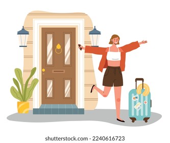 Viajes de verano. Jovencita con gafas de sol y maleta en el fondo de la puerta de la casa. Positividad y optimismo, vacaciones y viajes, concepto de turismo. Dibujo vectorial plano de dibujos animados