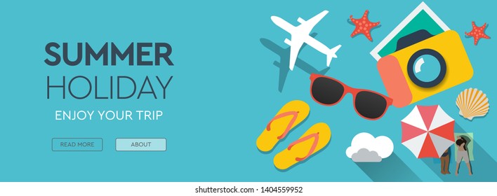 Summer Holiday, traveling template with beach summer accessories, web banner, flat design, vector illustration.