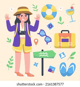 Summer holiday traveling and tourism Character and elements. Colorful touristic objects like woman, lifebuoy, cocktail, glasses, luggage, signboard, sandals, camera, location, hat, clothing.