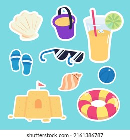 Summer holiday traveling and tourism elements. Colorful touristic objects like Clams, Sand Buckets, Cocktails, Sandals, Glasses, Balls, Sandcastles, Lifebuoys, Stickers. Cartoon vector illustration