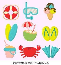 Summer holiday traveling and tourism elements. Colorful touristic objects like lifebuoy, snorkel, ice cream, surfboard, coconut, flip flops, sand bucket, crab, fins. Cartoon flat vector illustration svg