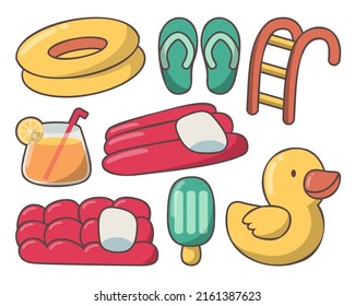 Summer holiday traveling and tourism elements. Colorful touristic objects like Air mattresses, cocktail, pool, slippers, ladder, ice cream stick, rubber duck. Cartoon flat vector illustration