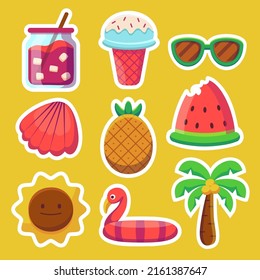 Summer holiday traveling and tourism elements. Colorful touristic objects like Cocktails, coconut trees, coconut trees, shellfish, ice cream, glasses, pineapples, watermelons, sun, rubber rafts.