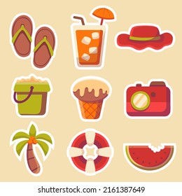 Summer holiday traveling and tourism elements. Colorful touristic objects like Sandals, cocktails, sombrero, sand bucket, ice cream, camera, coconut tree, lifebuoy, watermelon. flat vector illustratio
