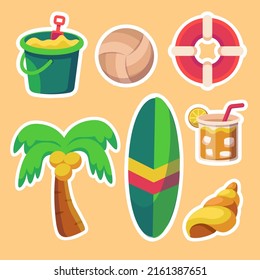 Summer Holiday Traveling And Tourism Elements. Colorful Touristic Objects Like Sand Buckets, Volleyballs, Cocktails, Coconut Trees, Lifebuoys, Shellfish. Cartoon Flat Vector Illustration