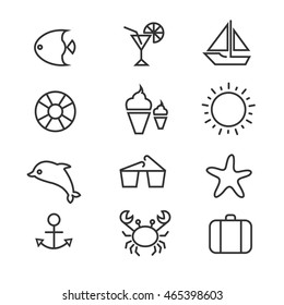 Summer holiday, tropical beach thin line vector icons