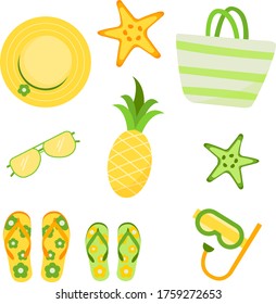 Summer holiday tropical beach vacation flat icons set with diving snorkel mask abstract vector illustration