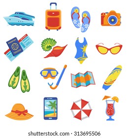 Summer holiday tropical beach vacation flat icons set with diving snorkel mask flippers equipment abstract vector illustration