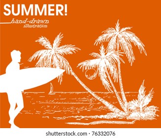 summer holiday tropical island - hand-drawn illustration