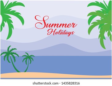 Summer holiday tropical ocean day with palm tree on the beach, flat vector illustration