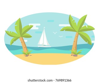 Summer holiday in the tropical resort.The seashore with the beach sandy.Luxury sailing yacht.A tropical landscape paradise with palm trees and seagulls.Flat style a vector.Sea vessel floats on water.
