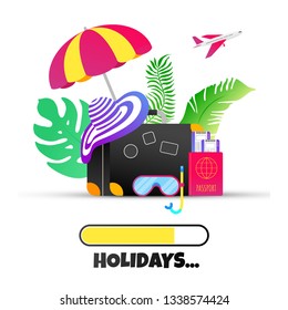 Summer holiday tropical vacation flat style design composition with progress loading bar and text HOLIDAY, luggage  suitcase, beach hat, swimming mask, umbrella vector illustration isolated on white.