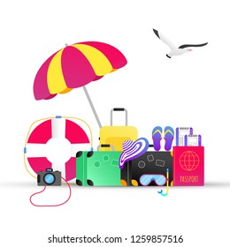 Summer holiday tropical vacation travel gradient flat style design composition with passport, life buoy, luggage  suitcase, beach hat, mask, seagull, umbrella vector illustration isolated on white