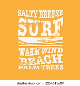 Summer holiday typography print with distorted curvy letters and brushed effect texture. Groovy vintage style vector design with salty breeze, surf, warm wind, beach and palm trees short words.