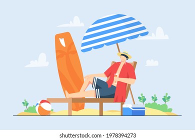 Summer holiday with umbrella, ball, and surfing board vector illustration. Man chilling at the beach