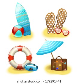 Summer holiday vacation accessories collection of sandals suitcase parasol and surfboard isolated vector illustration