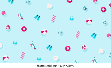 Summer Holiday Vacation Accessories Pattern On A Blue Background. Creative Minimal Composition, Flat Lay