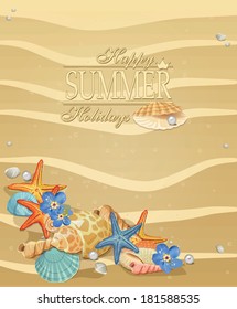 Summer holiday vacation background poster with beach sand seashells, flowers and starfish. Vector illustration