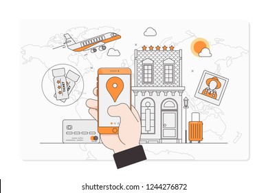 Summer holiday vacation booking online concept,Online booking design concept for mobile phone hotel, flight, car, tickets.
