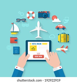 Summer holiday vacation booking online concept with flat icons. Vector illustration