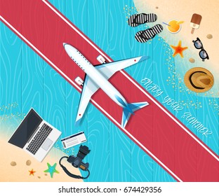 Summer holiday vacation concept, Airplane wooden floor flat vector illustration