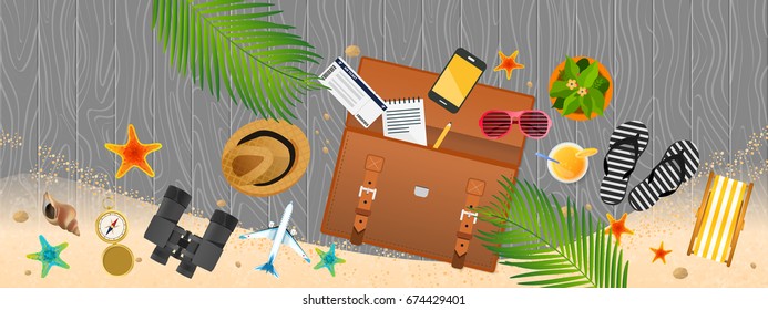 Summer holiday vacation concept, Briefcase and objects vector illustration