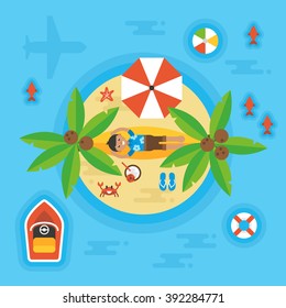Summer holiday vacation concept with man on desert island. Overhead view. Vector illustration