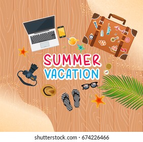 Summer holiday vacation concept, trunk and objects vector illustration